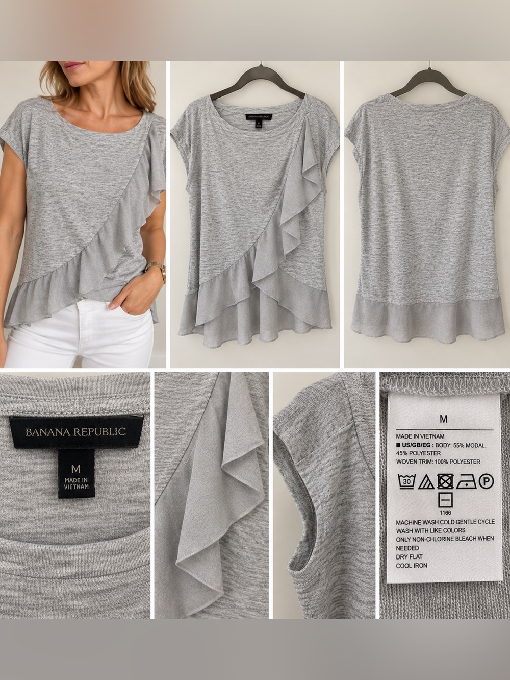 Banana Republic Gray Cream Ruffle Front Top Size M